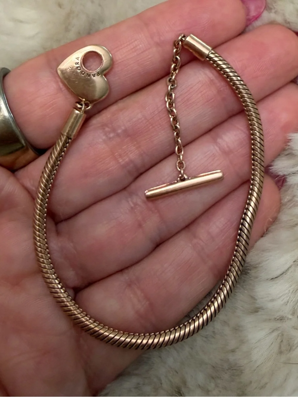 Pandora Rose Gold Snake Chain Bracelet with Heart Toggle